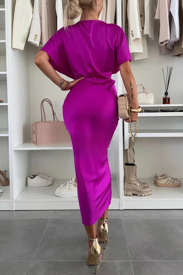 Violeta - Vestido largo de satén con escote en V y nudo cruzado