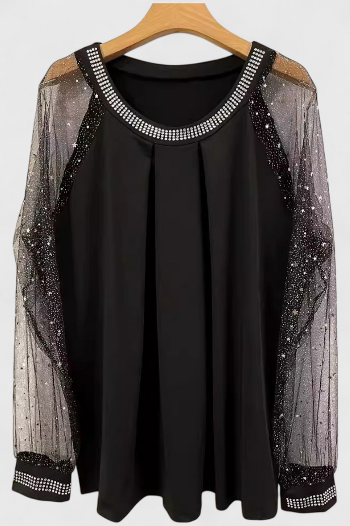 Flor - Blusa Elegante con Mangas de Tul y Acentos de Strass