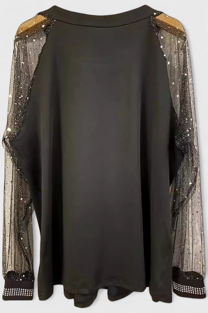 Flor - Blusa Elegante con Mangas de Tul y Acentos de Strass