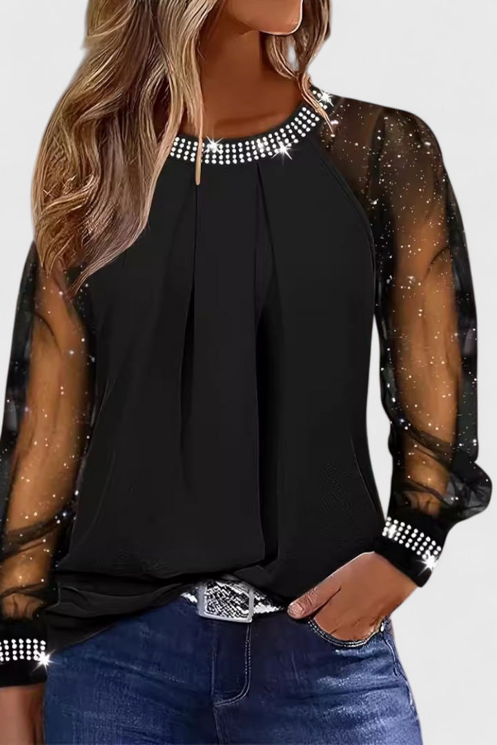 Flor - Blusa Elegante con Mangas de Tul y Acentos de Strass