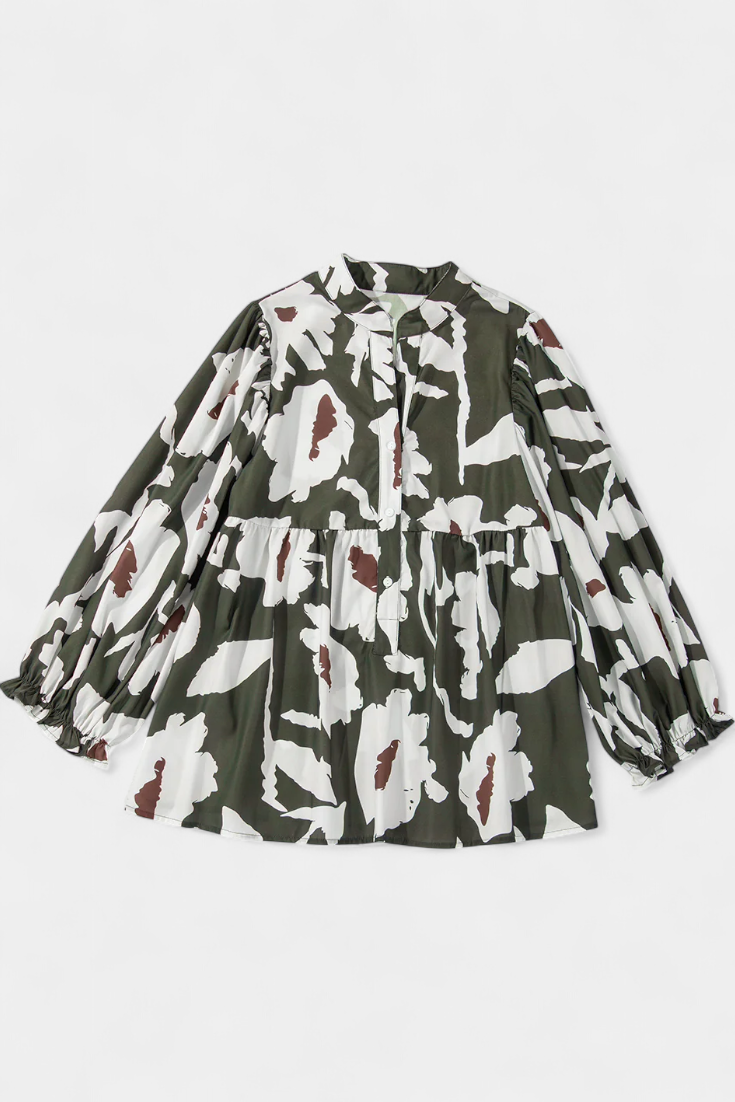 Filomena - Blusa con Media Botonadura y Manga Abullonada en Estampado Floral Abstracto