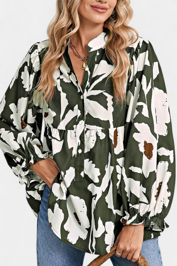 Filomena - Blusa con Media Botonadura y Manga Abullonada en Estampado Floral Abstracto