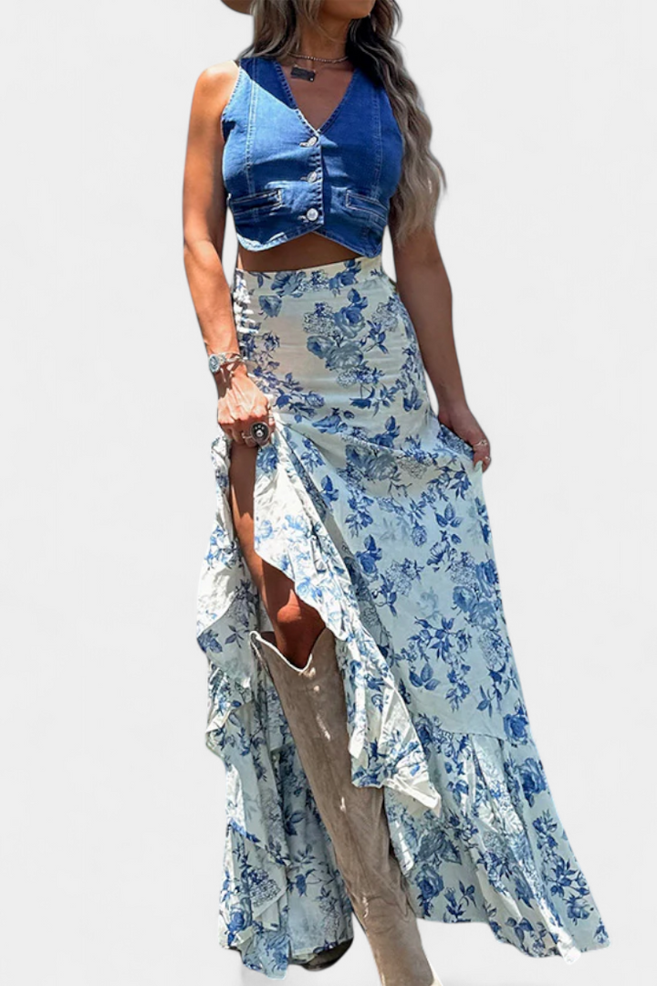 Karen | Falda Maxi Floral con Abertura y Volantes