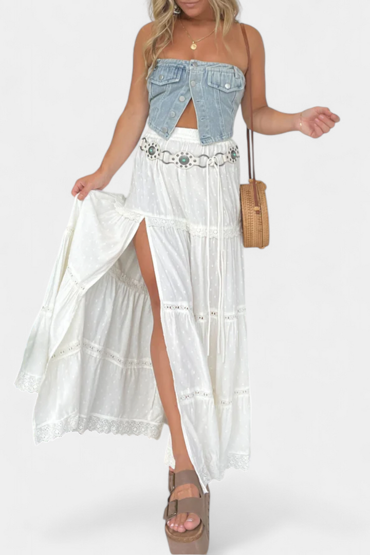 Dola | Falda Maxi Boho con Encaje y Abertura Frontal