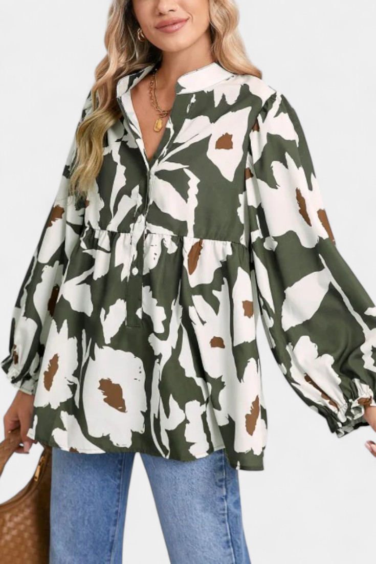 Filomena - Blusa con Media Botonadura y Manga Abullonada en Estampado Floral Abstracto