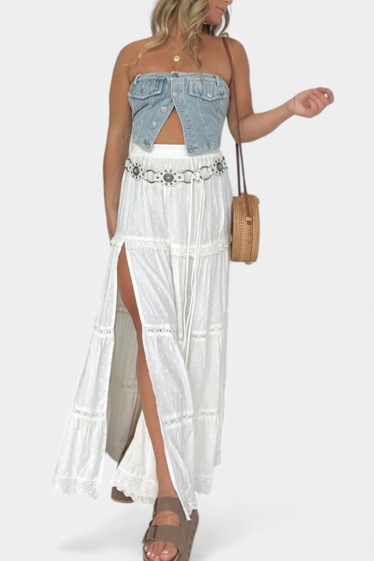 Dola | Falda Maxi Boho con Encaje y Abertura Frontal