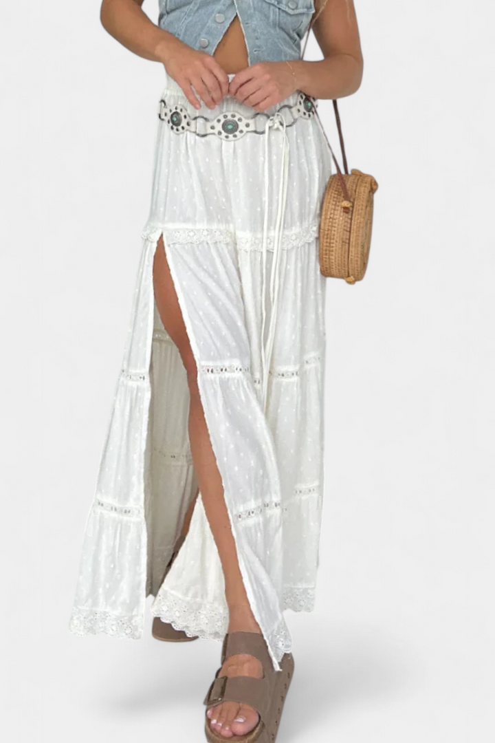 Dola | Falda Maxi Boho con Encaje y Abertura Frontal