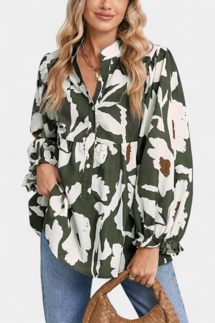 Filomena - Blusa con Media Botonadura y Manga Abullonada en Estampado Floral Abstracto